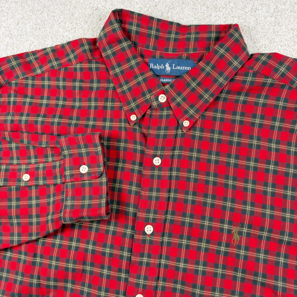 Ralph Lauren Button Down Shirt Mens XXL Red Plaid Classic Fit Long Sleeve